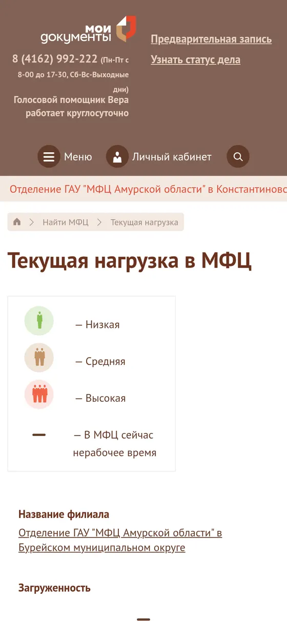 Страница текущей нагрузки в отделениях МФЦ