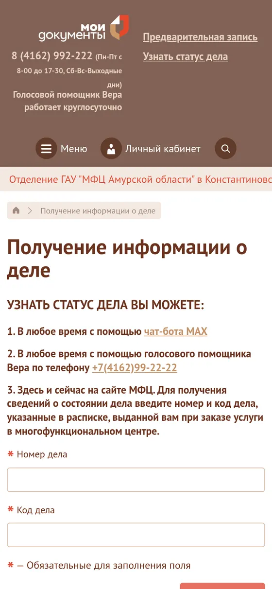 Проверка статуса дела на портале МФЦ