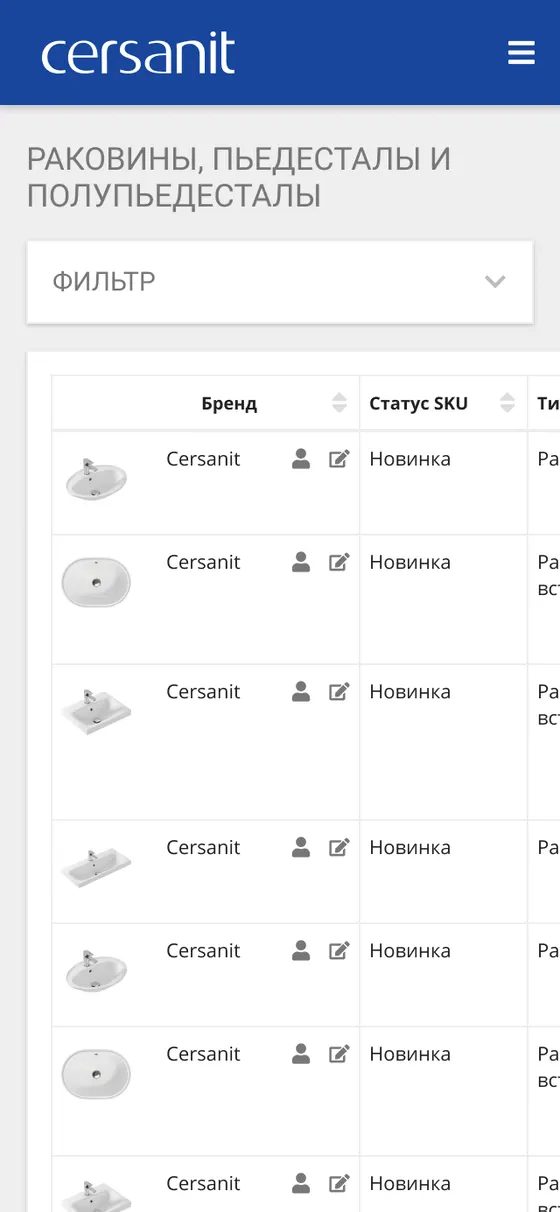Каталог раковин на продуктовом портале Cersanit